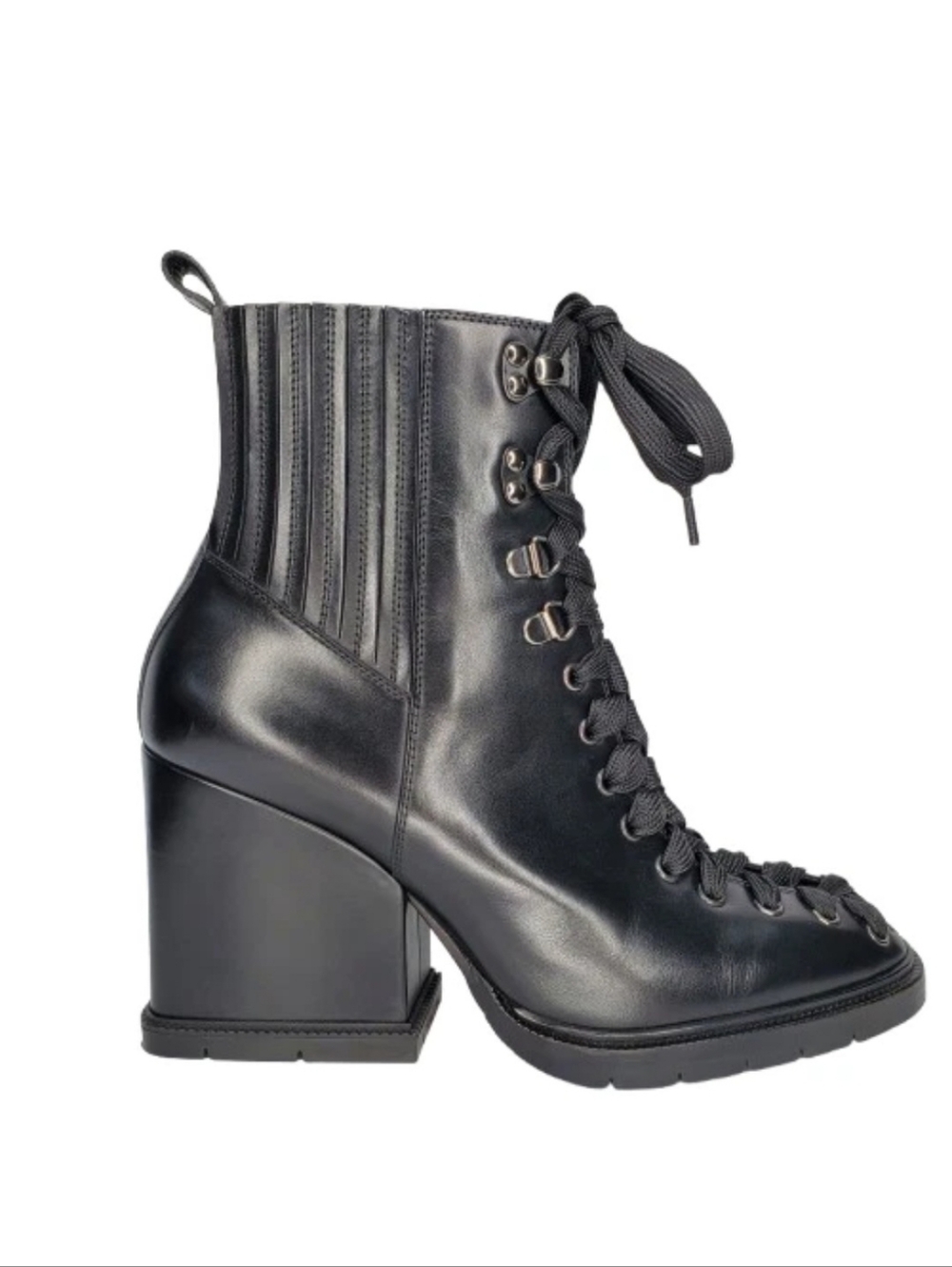 Santoni Black Leather Ribbed Ankle Heeled Combat Boots